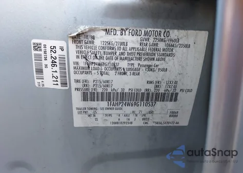 2009 Ford Taurus Sel из США, поврежденный, VIN 1FAHP24W69G110537